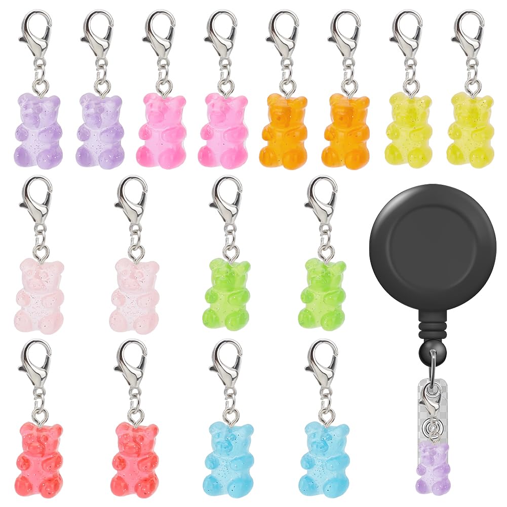 WEBEEDY 16 Pieces Badge Reel Charm for Student Nurse Teacher, Lovely Bear Badge Holder Charms for ID Card Name Tag Badge Holder Badge Buddy Office School Graduation Supplies