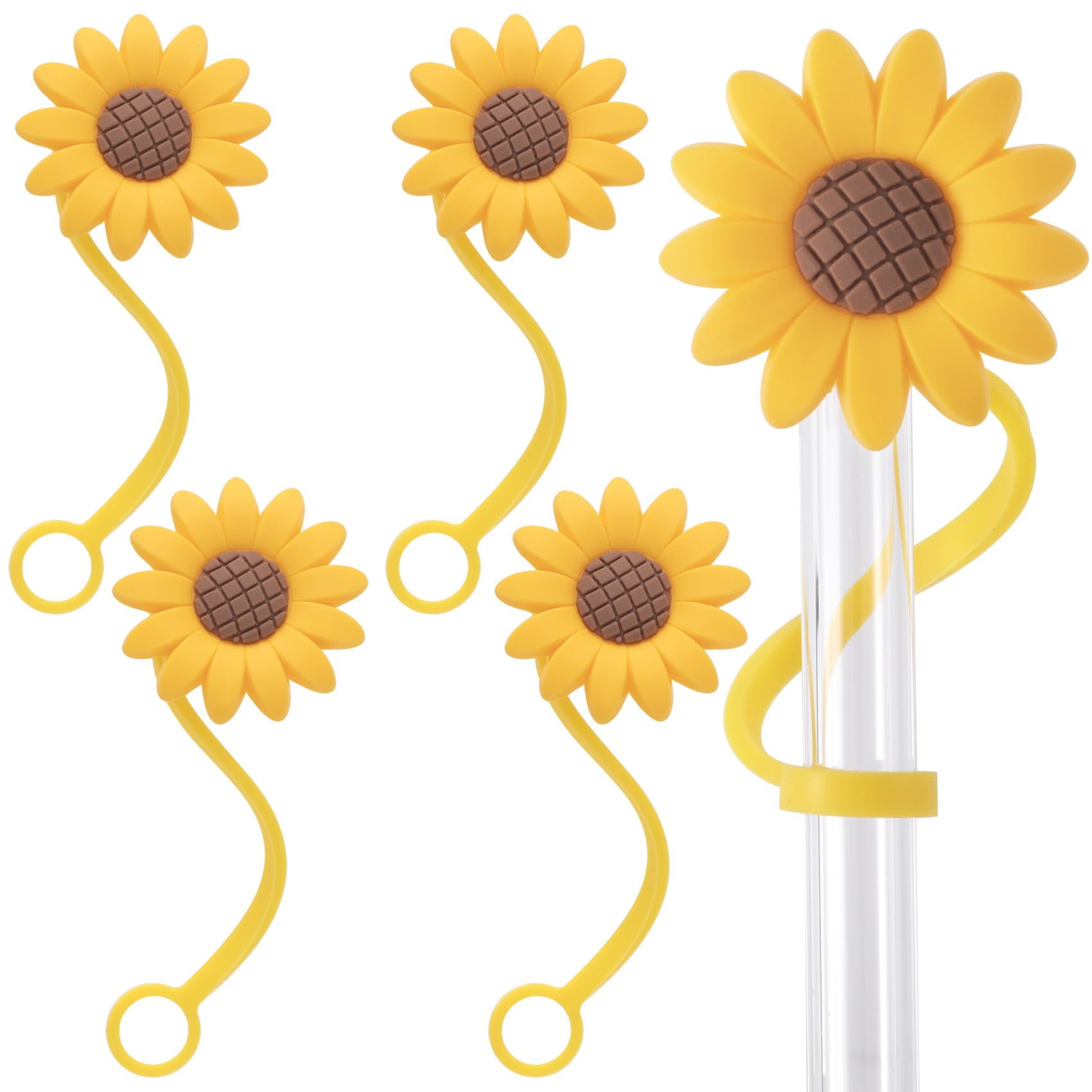 CustomyLife 5 Pcs 0.3inch Sunflower Straw Toppers Reusable Silicone Drinking Straw Covers Yellow Cup Dispenser Caps Dust-Proof Accessory