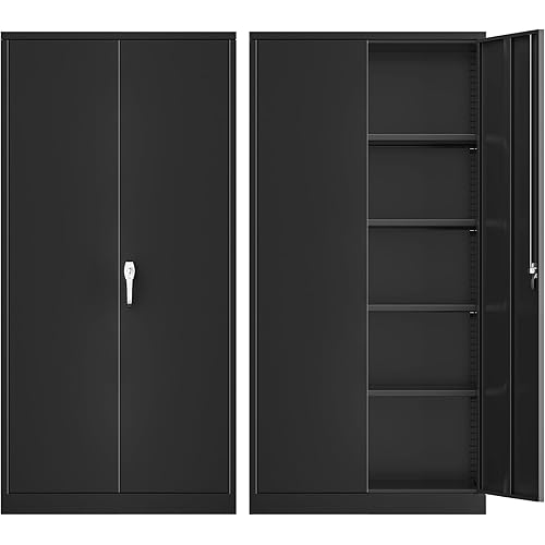 Superday Lockable Storage Cabinet, 71" Garage Storage Cabinets with Lock, Black Metal Cabinet with 2 Doors and 4 Adjustable Shelves for Home Office, Classroom, Bathroom, File, Easy Assemble