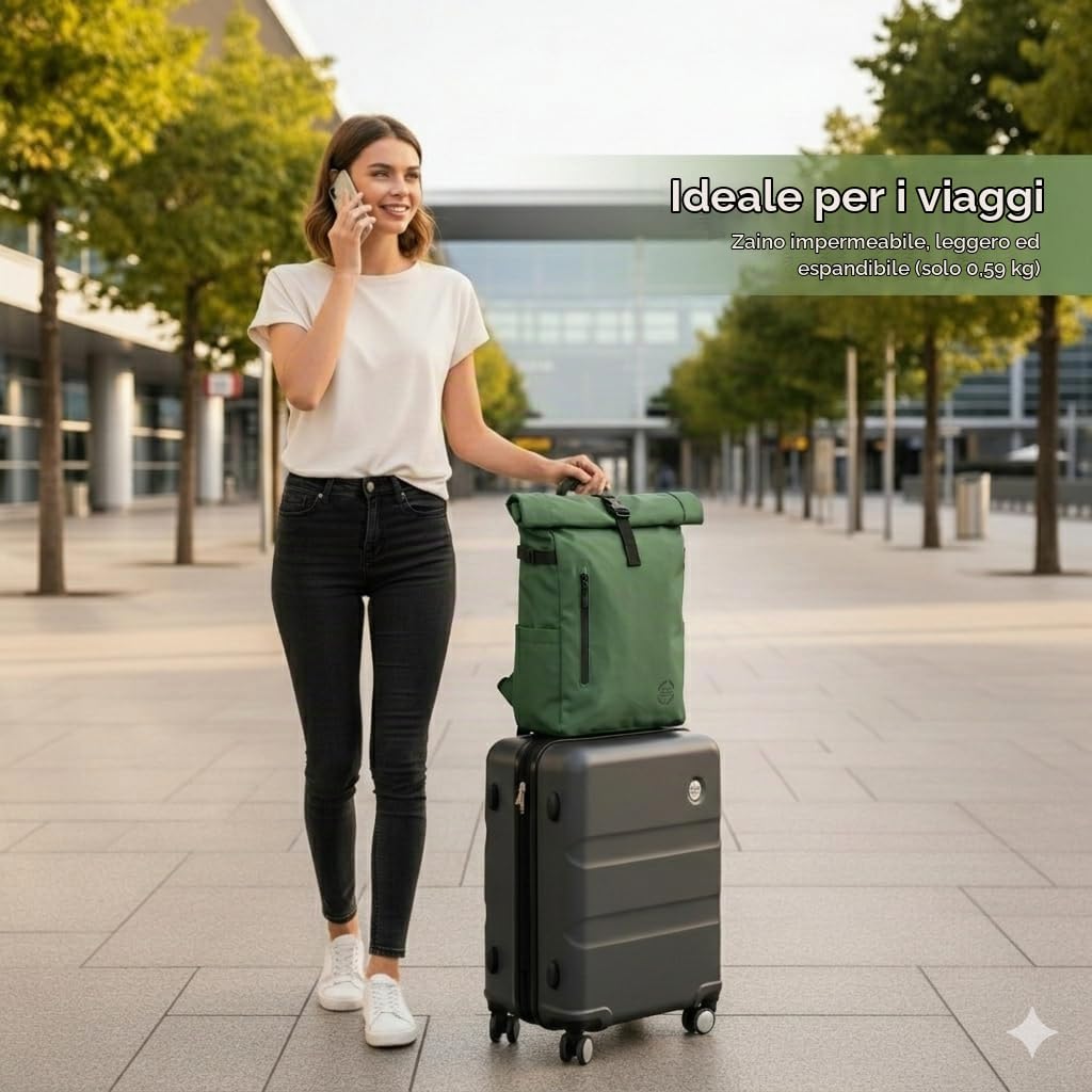 Zaino arrotolabile, impermeabile, espandibile, 20-25 l, con accesso rapido, portatile, casual, unisex, leggero, organizer, maniglia torlley, spallacci imbottiti, viaggi, lavoro, università, Verde