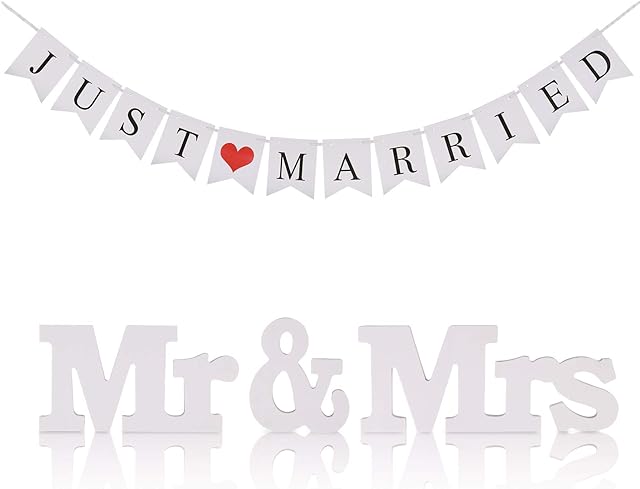TGFIX Just Married Wedding Banner Bunting Banners Pennant Vintage Hanging Garland Decoration with Mr Mrs Signs Letters for Reception Bridal Shower and Engagement Photo Garden Outdoor