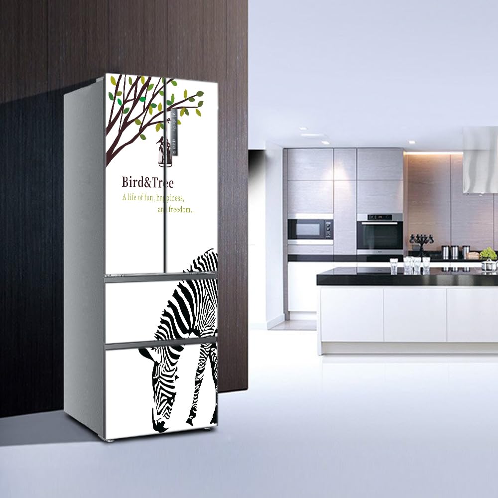folia dekoracyjna do lodówek, Naklejki ścienne na drzwi lodówki, pełne, skórki, do kuchni, klatka dla ptaków, drzewo, zebra(M: 60x180 cm)