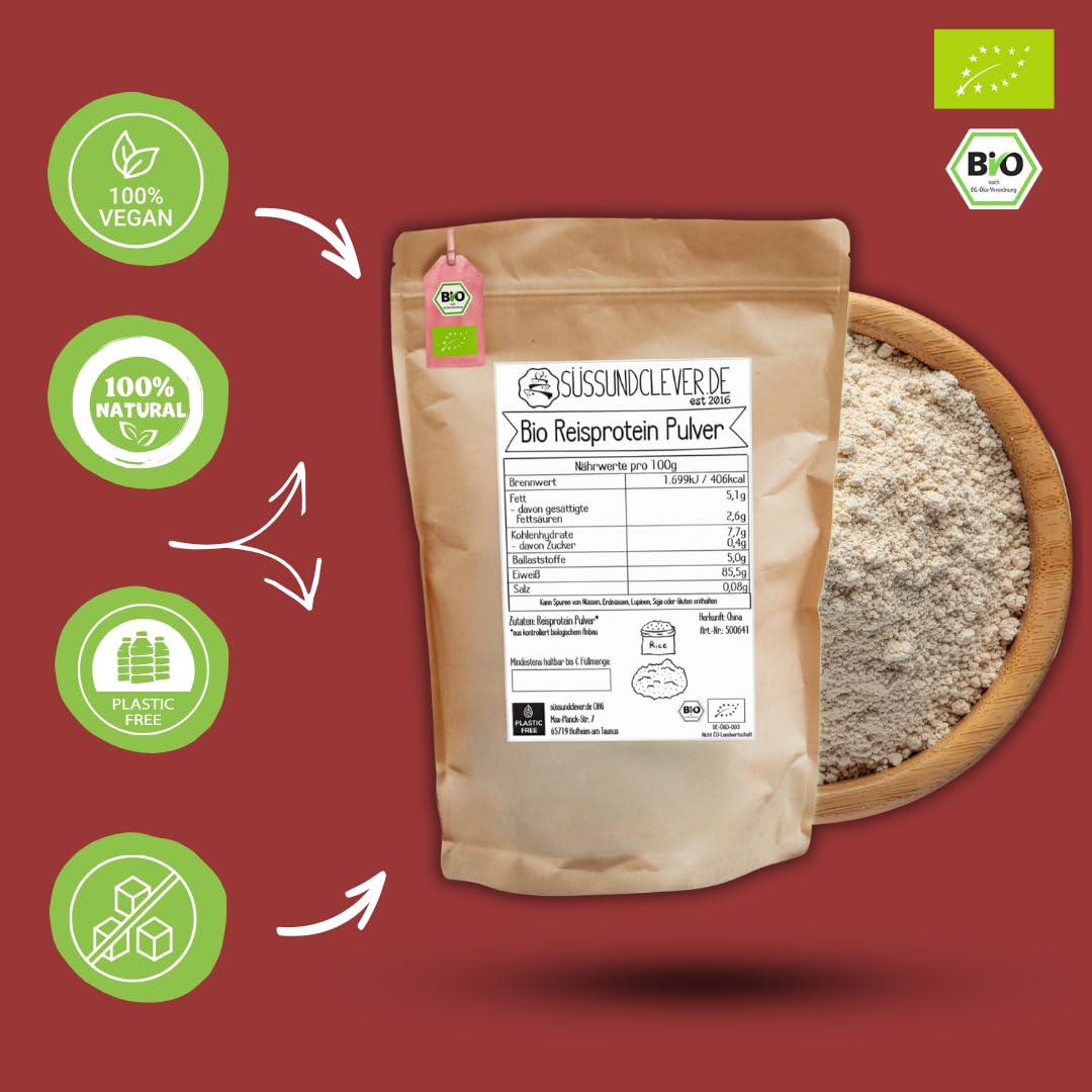 süssundclever.de® Bio Reisprotein Pulver | Isolat | 85% veganes Protein | 3,0 kg (3 x 1kg) | Ohne Zuckerzusatz oder Aromen | in ökologisch-nachhaltiger Verpackung