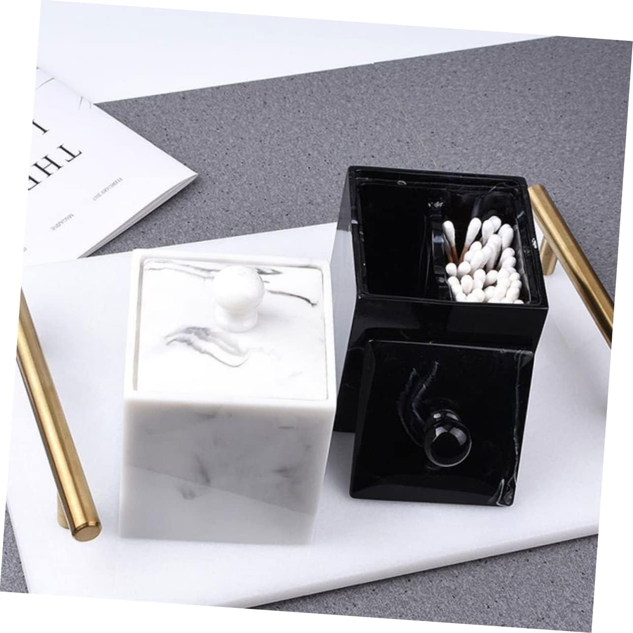 2pcs Cotton Swabs Holder Box Modern Marble Design Resin Apothecary Jars Cotton Pads Holder for Home