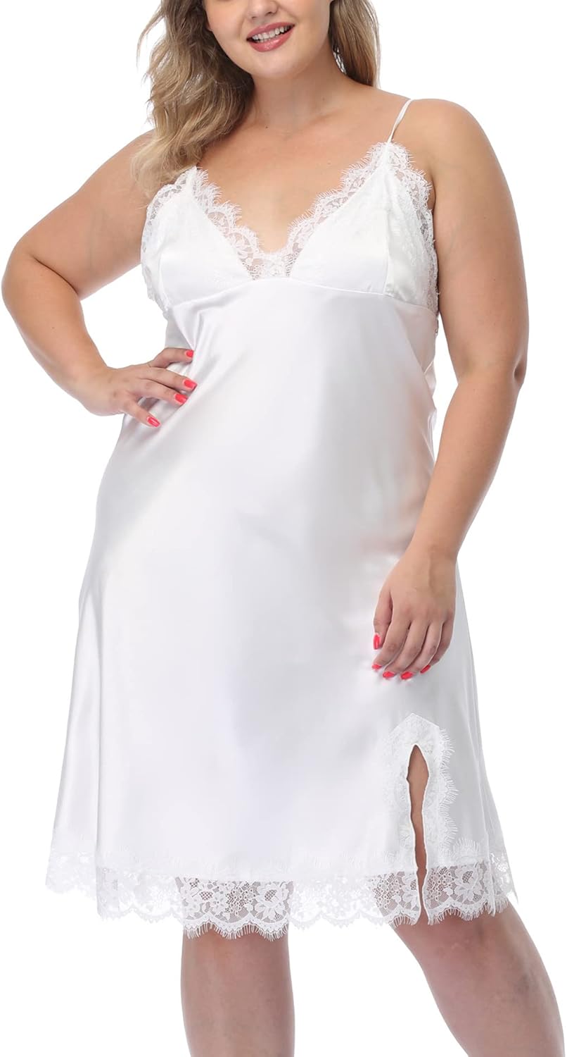 Women's Plus Size Satin Slip Nightgown Lace Chemise Lingeries Sexy Slit Negligees Sleepwear Bridal Lingerie - Image 3