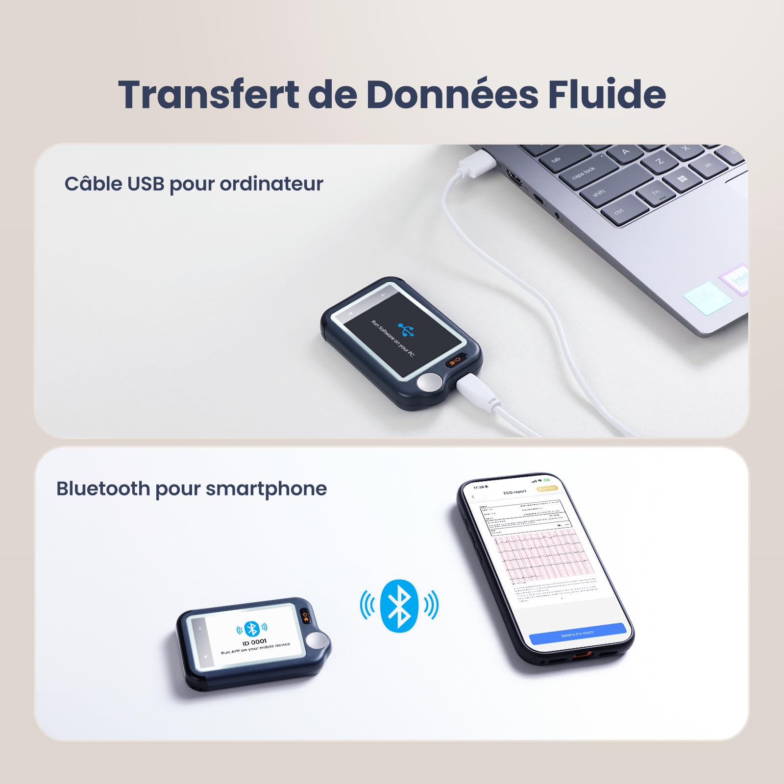CheckMe Plus Appareil ECG Portable pour Usage Domestique, Fonction d'Analyse ECG, 30s 60s 5min Moniteur ECG Bluetooth avec Affichage en Temps Réel, Mémoire Illimitée (Smartphone et PC)