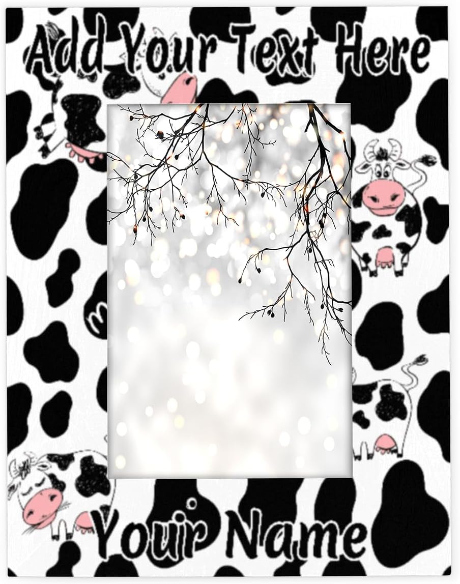 4x6 Personalized Picture Frame Animal Milk Cow Print,Customized Photo Frame Add Your Custom Text Wall and Tabletop Display Wooden Photo Picture Frame Home Decor