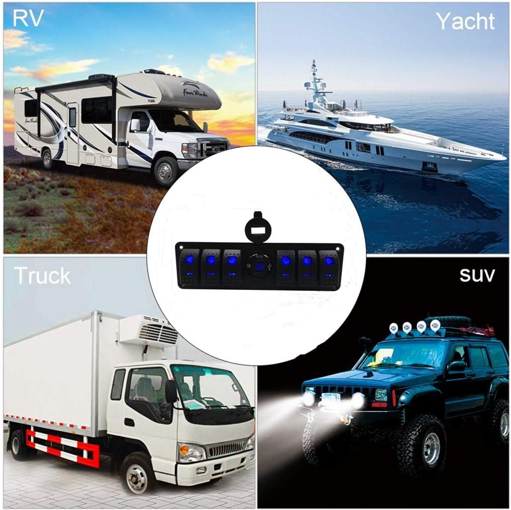 Switchtec 6 Gang Rocker Switch Panel, QC 3.0 USB Charger Voltmeter, Blue Backlit LED, Pre Wired Waterproof Components Boats, Mobile Home, RV, Off Road Vehicles, RV