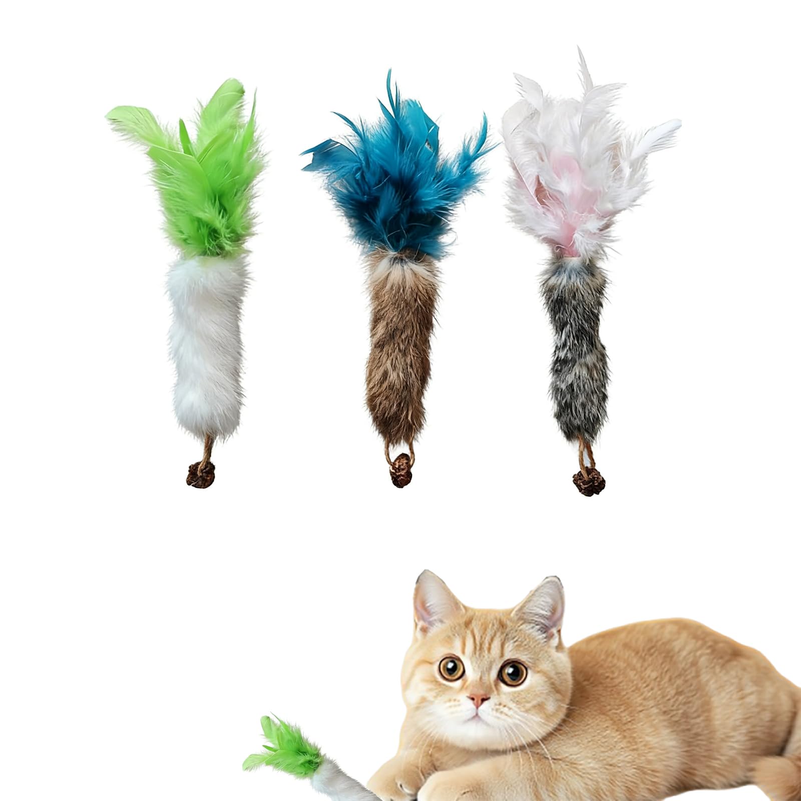 GOODCHI 猫おもちゃ 天然羽根 本物のうさぎ毛使用 猫じゃらし またたび果付き猫遊び運動不足解消 3個入