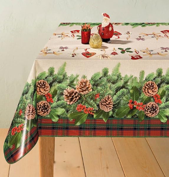 Nappe Toile Cirée de Noël – Pomme Kilt– Nappe Festive de Noël – Imperméable et Anti Tâche Largeur 140 cm – Roulé sur Un Tube en Carton (sans Plis) (Rectangle 140x350cm)
