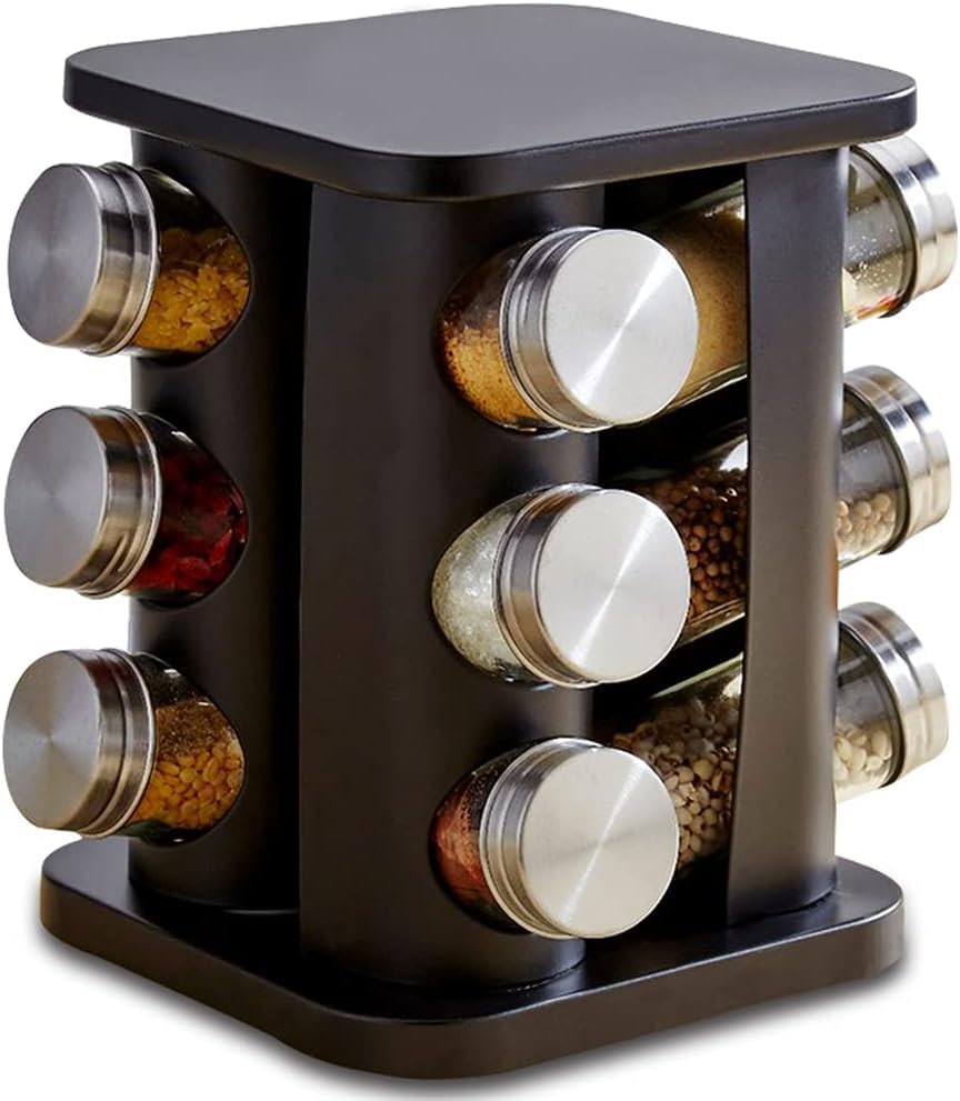Revolving Spice Rack Organizer with 12 Jars, Countertop Spice Seasoning Rack Tower with 12 Glass Jar Bottles Refillable for Kitchen Cabinet, Stainless Steel, Black.
