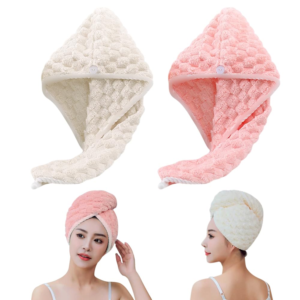 CAREDGO Toallas para Secar el Pelo, 2 Turbantes de Microfibra para el Cabello Absorbentes y Antifrizz Gorros de Toalla para Secar el Pelo con Cierre de Botón para Pelo Largo Rizado Liso Grueso