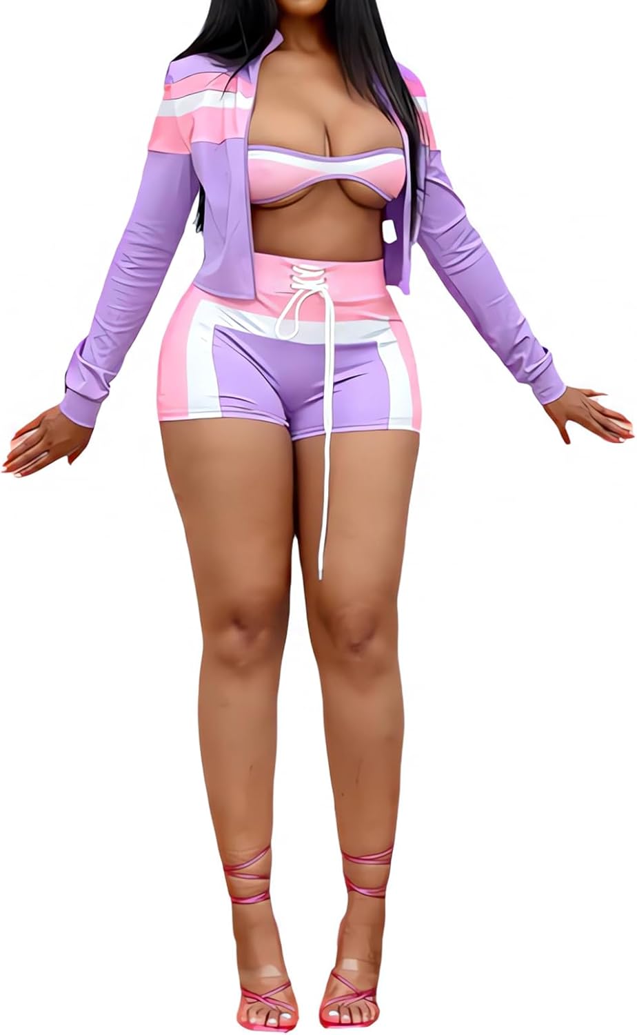 WXN Women Two Piece Sets Long Sleeve Casual Zipper Jacket Shorts Set Going Out Travel Outfits