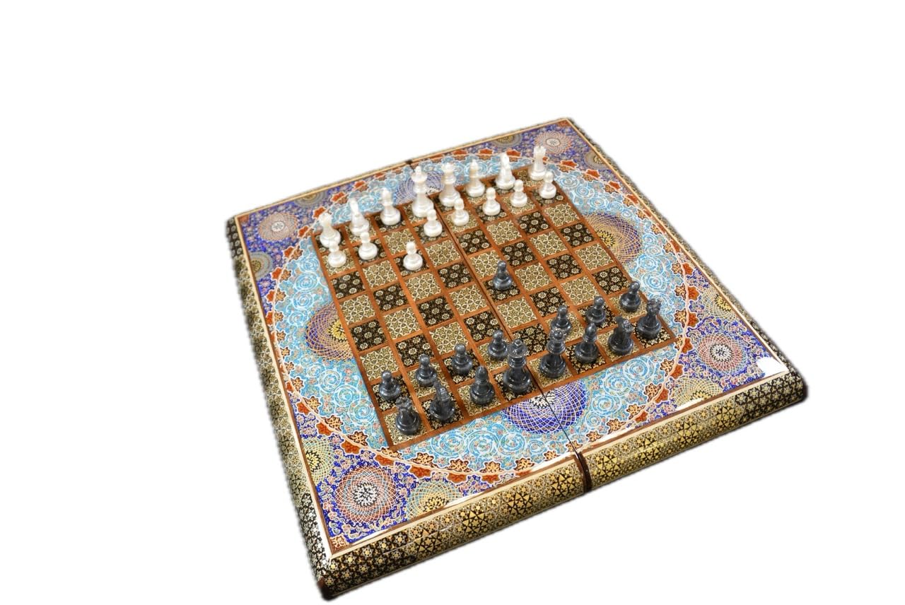 Collection d'échecs de backgammon - Fabriqué à la main en bois avec motif marqueterie et peint à la main avec motif floral - Avec mallette de protection, dés et pions - 50 x 50 x 3,5 cm (motif floral