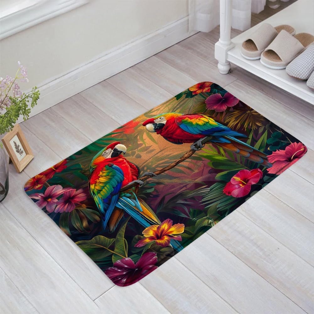 Tropical Birds Bath Mat Parrot Jungle Leaves Floral Botanical Wildlife Animal Memory Foam Bathroom Kitchen Bedroom Livingroom Soft Floor Rug, 24"x47"