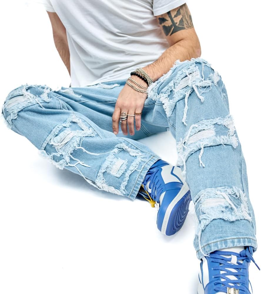 WEIBUMAOYI Men's Wide-Leg Jeans Straight Leg Carpenter Denim Pants Loose fit Trousers - Image 3