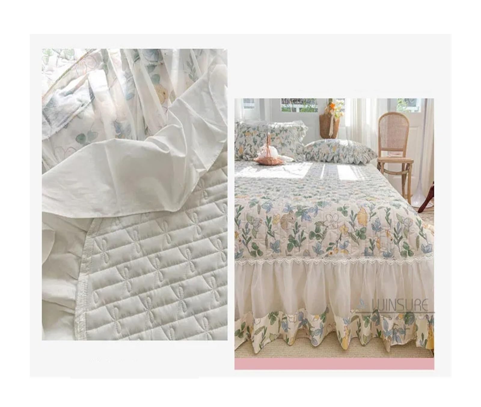 Colchas Acolchadas Colcha acolchada elegante de algodón tamaño King, cubrecamas de 250x270cm, Sábana de cama doble de encaje con volantes de gran tamaño, 2 fundas de almohada Ligera Colcha Cubrecama D