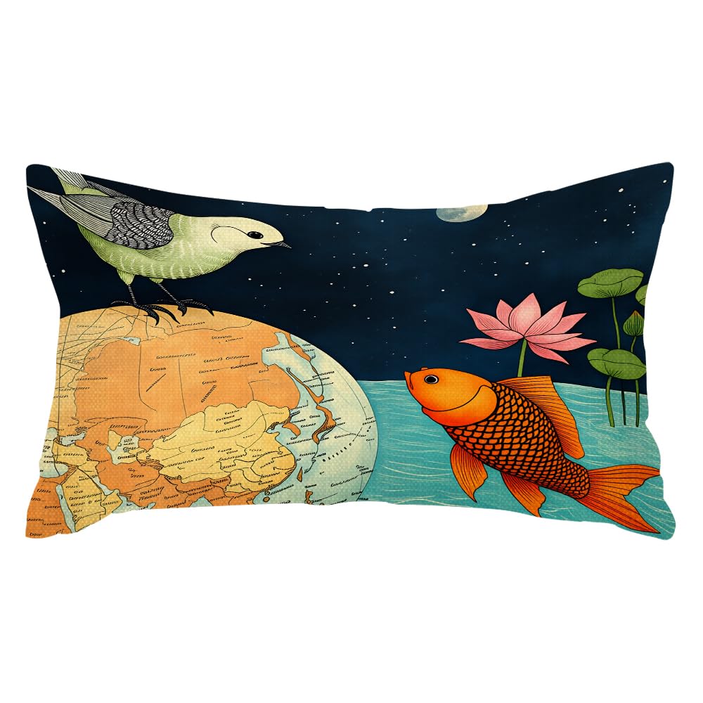 SSOIU Throw Pillow Covers Bird and Fish in The Two World Forever Cushion Pillow Case Home Decor Pillowcase 12x20 Inches