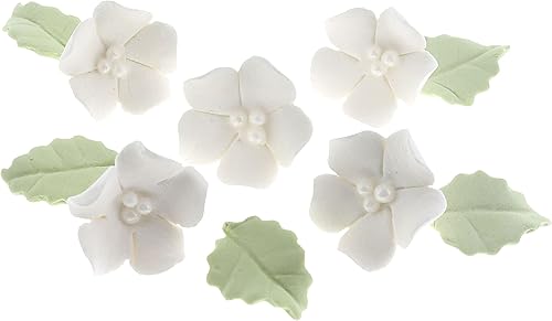 Global Sugar Art Flores y hojas comestibles para pastel de azúcar y cupcakes, blanco, pequeño sin alambre, 24 unidades con hojas por el chef Alan
