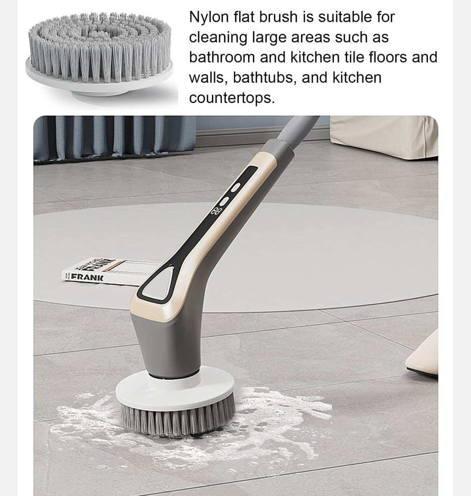 Electric Rotate Scrubber Multifunctional Wireless Household Extendable Cleaning Brush 8 Replaceable Brush Heads 2 Speeds Adjustment with Power LCD Display for Bathroom, Bathtub (White)