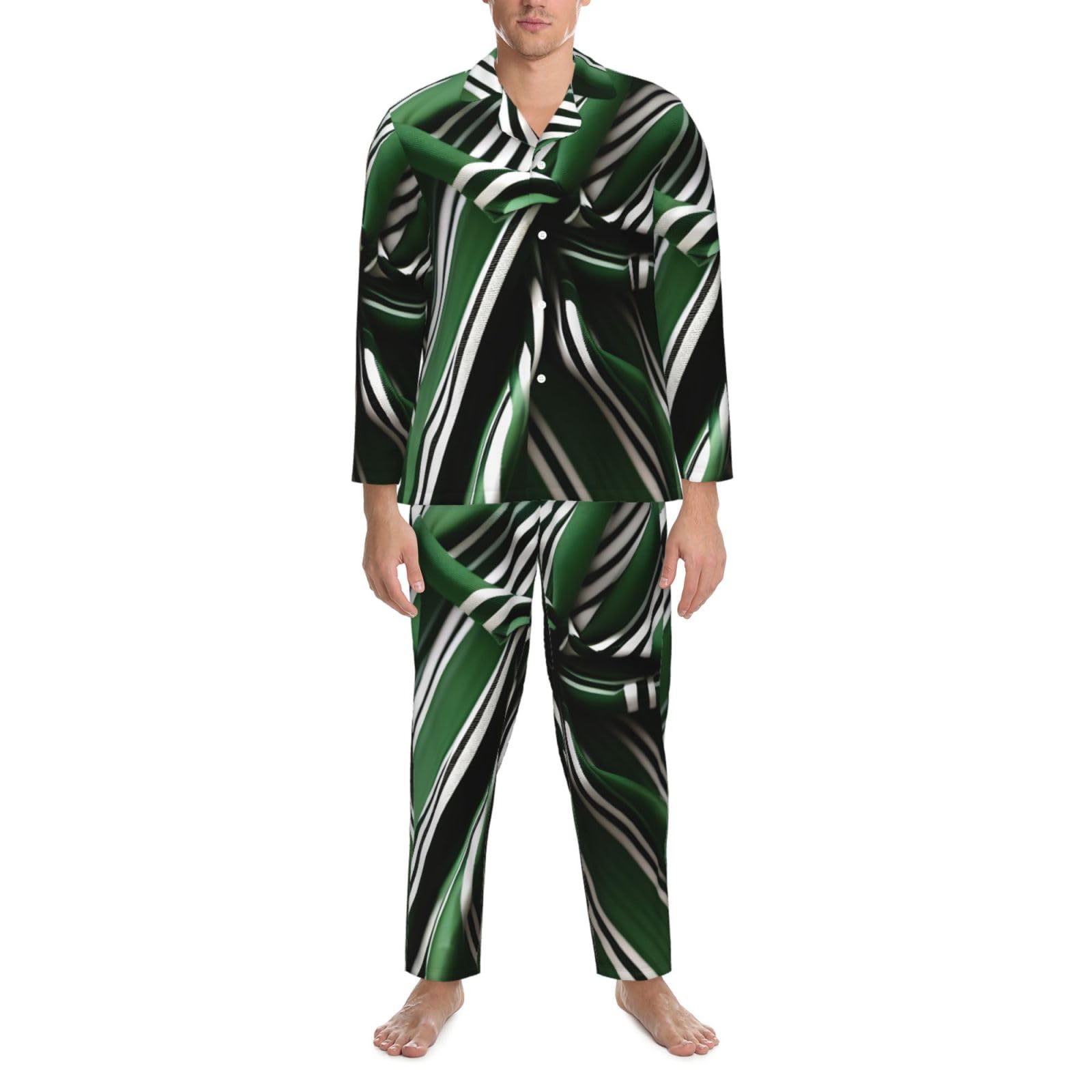 Pigiama a maniche lunghe da uomo con stampa a righe verdi classiche Set da notte in due pezzi Home Travel Outfit Lounge Pants
