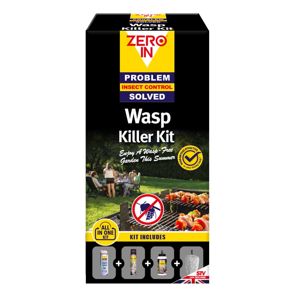 Zero InAll-In-One Wasp Killer Kit Prevent Reinfestations. Value Kit, Includes Freeze Spray – 500ml Poison-Free Insect Killer; Nest Destroyer Foam - 300 ml; Nest Killer Powder - 300 g; Wasp-Free Zone