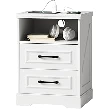 Farmhouse Nightstand with Charging Station, Rustic Wood Night Stand with 2 Drawers and Storage Shelf, Bedside Table with Type C, USB Ports and Outlets for Living Room, Bedroom, White