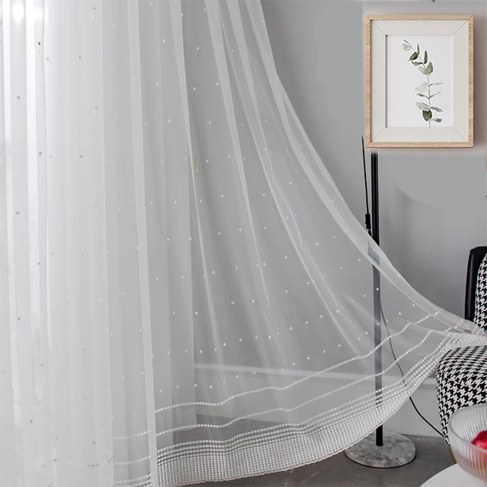 Modern White Dots Pattern Sheer Curtain for Bedroom Dining Room Embroidery Transparent Voile Curtain Panels Rod Pocket Kids Window Tulle for Living