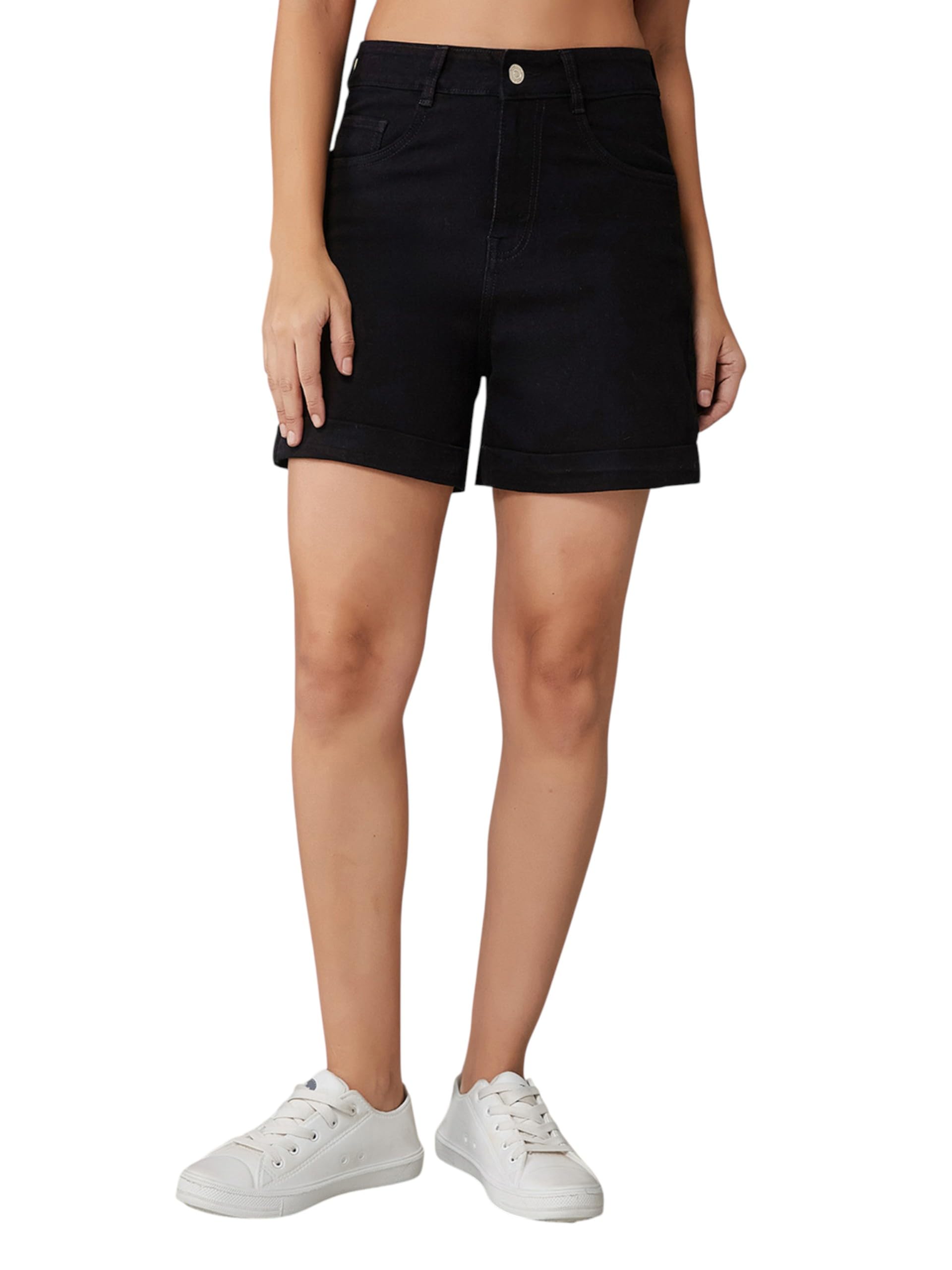 miss chase Women's Flared High Rise Regular Stretchable Denim Shorts (MCAW25DEN62-73-979-32, Cherry Black, 32)-picture-13
