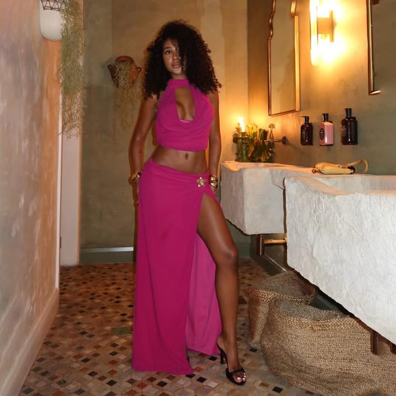 Womens Sexy Skirt Outfits Backless Halter Crop Top Slit Maxi Skirt Summer Beach Vacation Sets3
