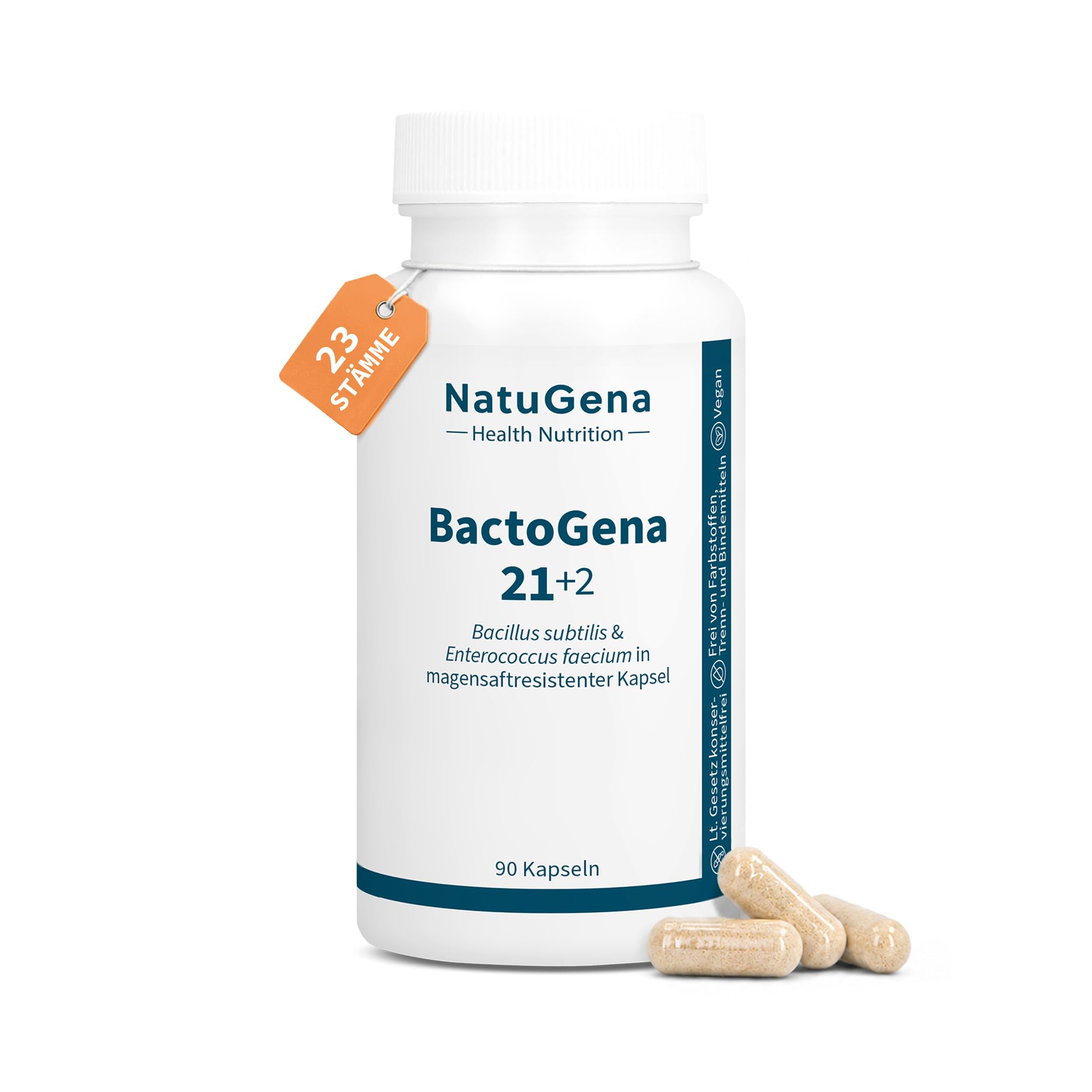 NatuGena BactoGena 21+2, hochdosierte Darmbakterien-Mischung mit 23 Stämmen, Milchsäure- und Bifidobakterien, 90 mg BIO-Akazienfasern pro Tagesdosis, 90 Kapseln (90 Tage Packung)