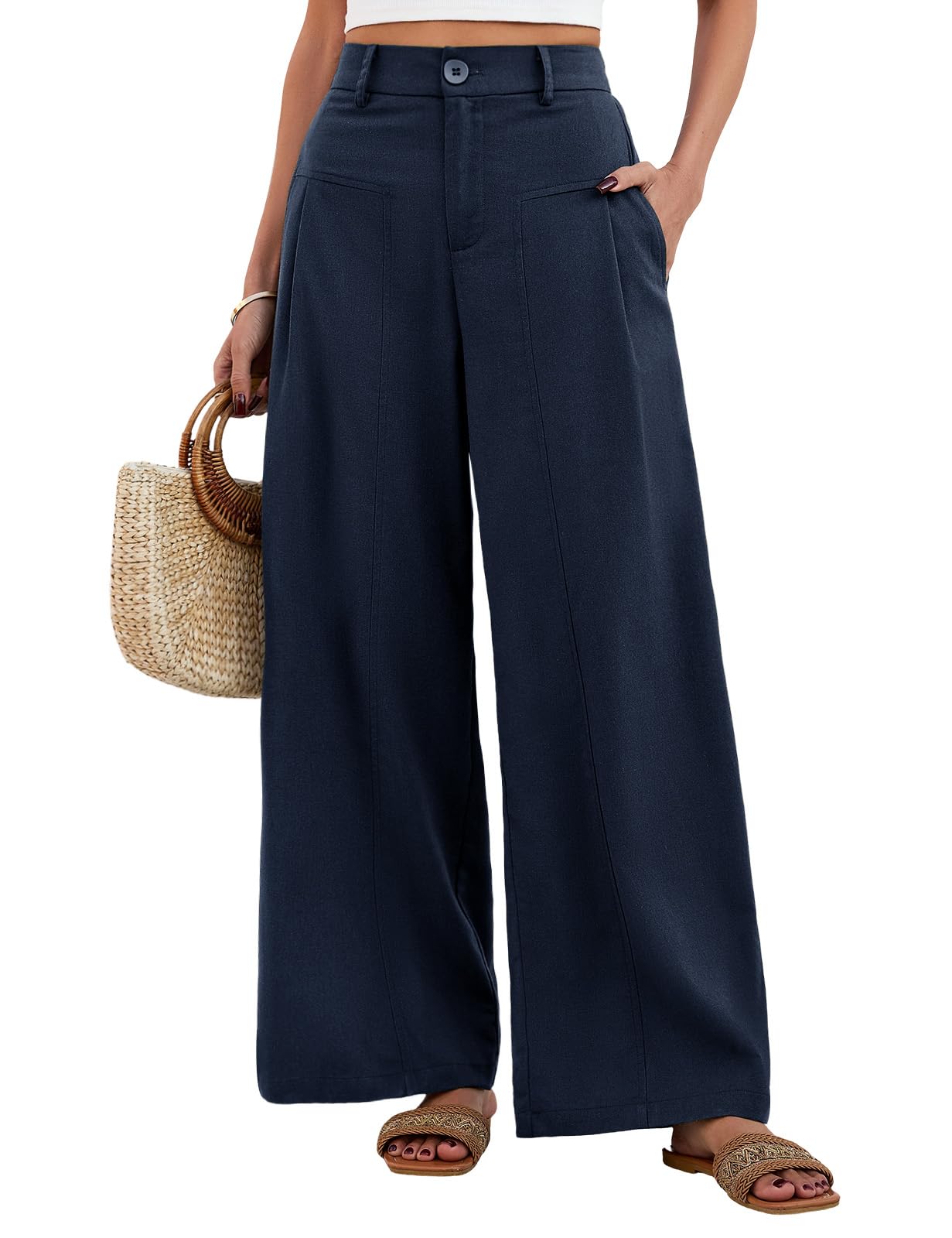 Fashora Leinenhose Damen Sommer High Waist Weites Bein Hose Baumwolle Leinen Sommerhose Leicht Lockere Freizeithose Elegant Palazzo Elastischer Bund Lässige Anzughose mit Knopfleiste