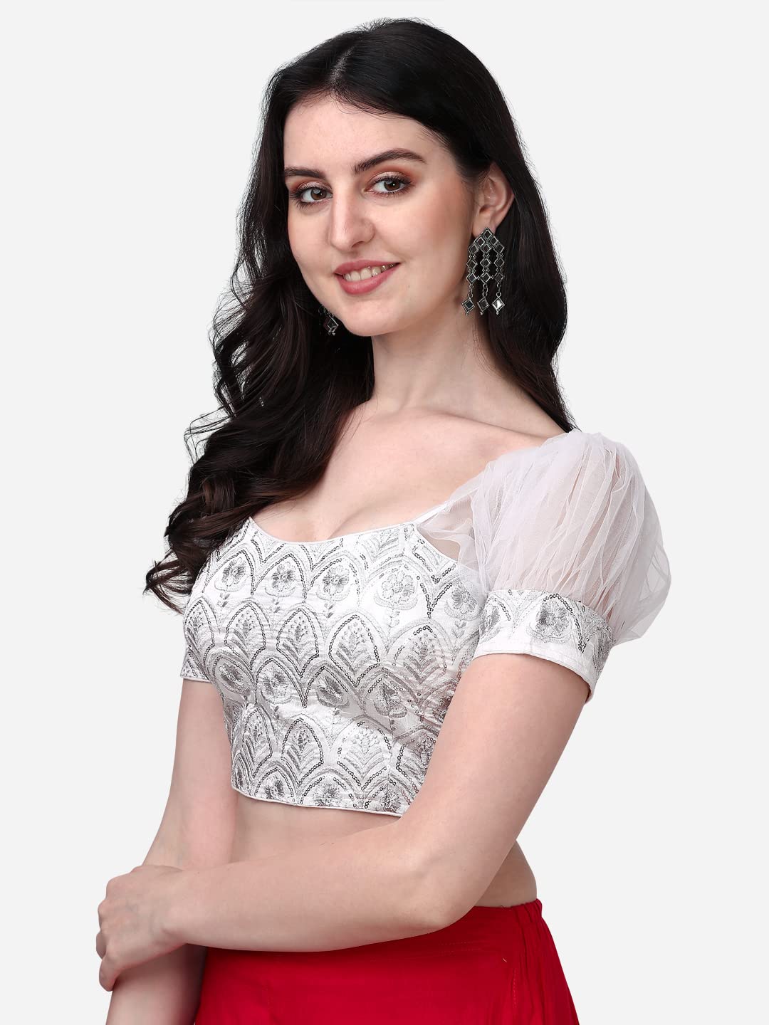 Pujia Mills Womens Net Fabrics Round Neck Puff Sleeve Blouse (White, 38)