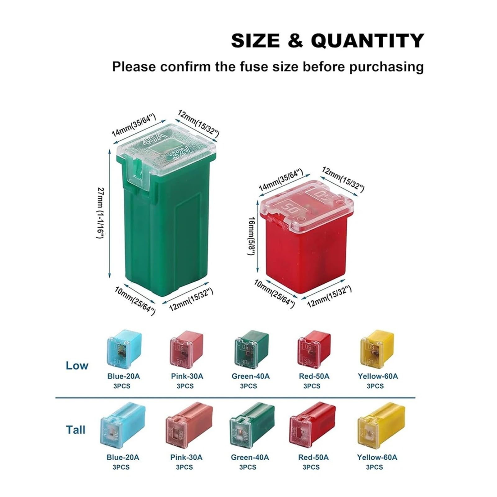 Kit assortimento di fusibili for auto da 30 pezzi Fusibili automobilistici a forma scatola alti/standard e a basso profilo for camioncini, camper SUV