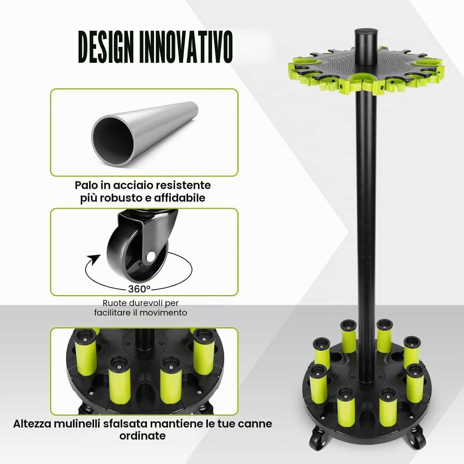 BOOSTEADY Supporto per Canna da Pesca per Garage, Portacanna da Pavimento per 20 Canne con Ruote Girevoli a 360°, Organizzatore di Attrezzatura da Pesca in Plastica ABS