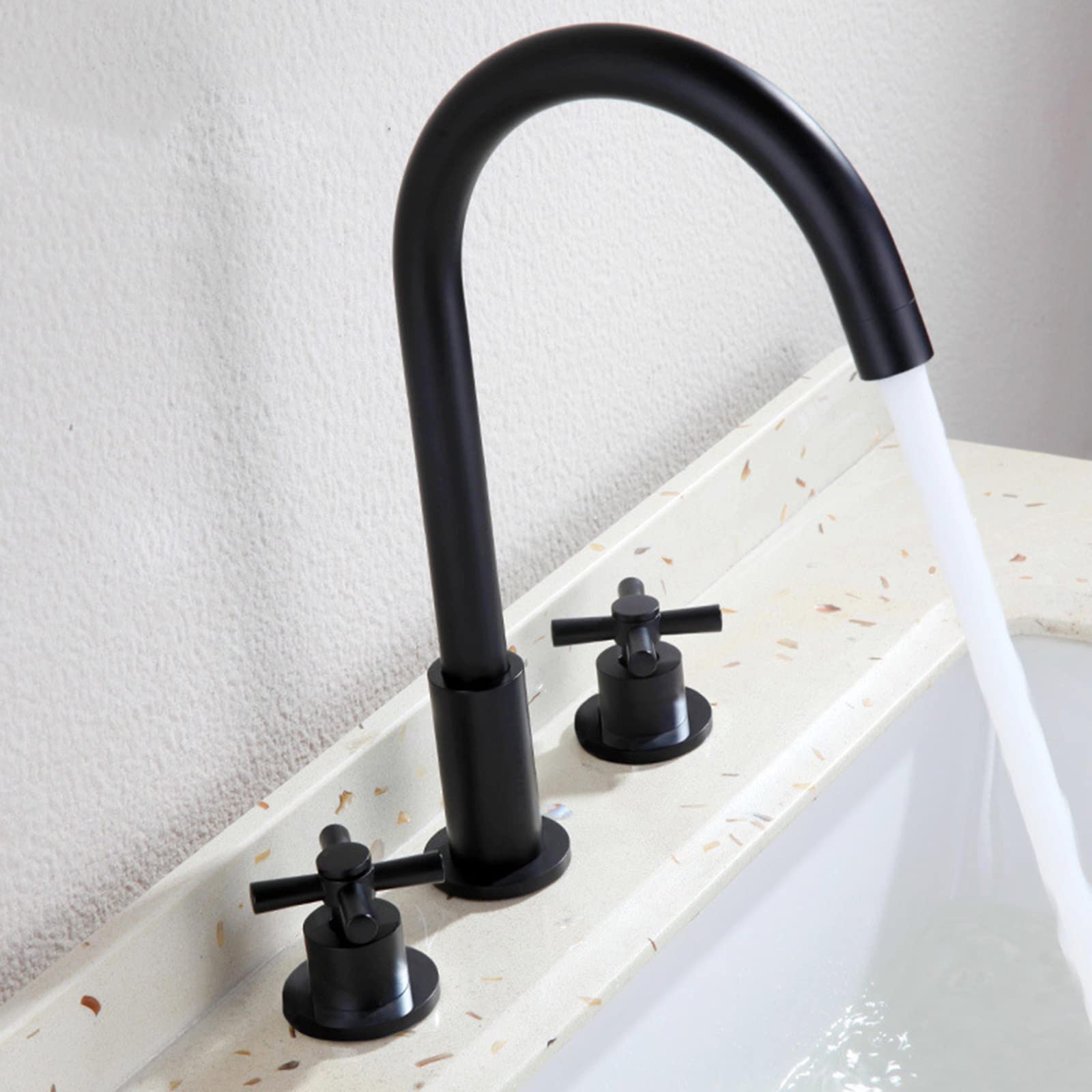 Rubinetto miscelatore multifunzione nero con doppia maniglia a croce acqua calda e fredda design a collo di cigno installazione a 3 fori ideale per bagno e lavandino.