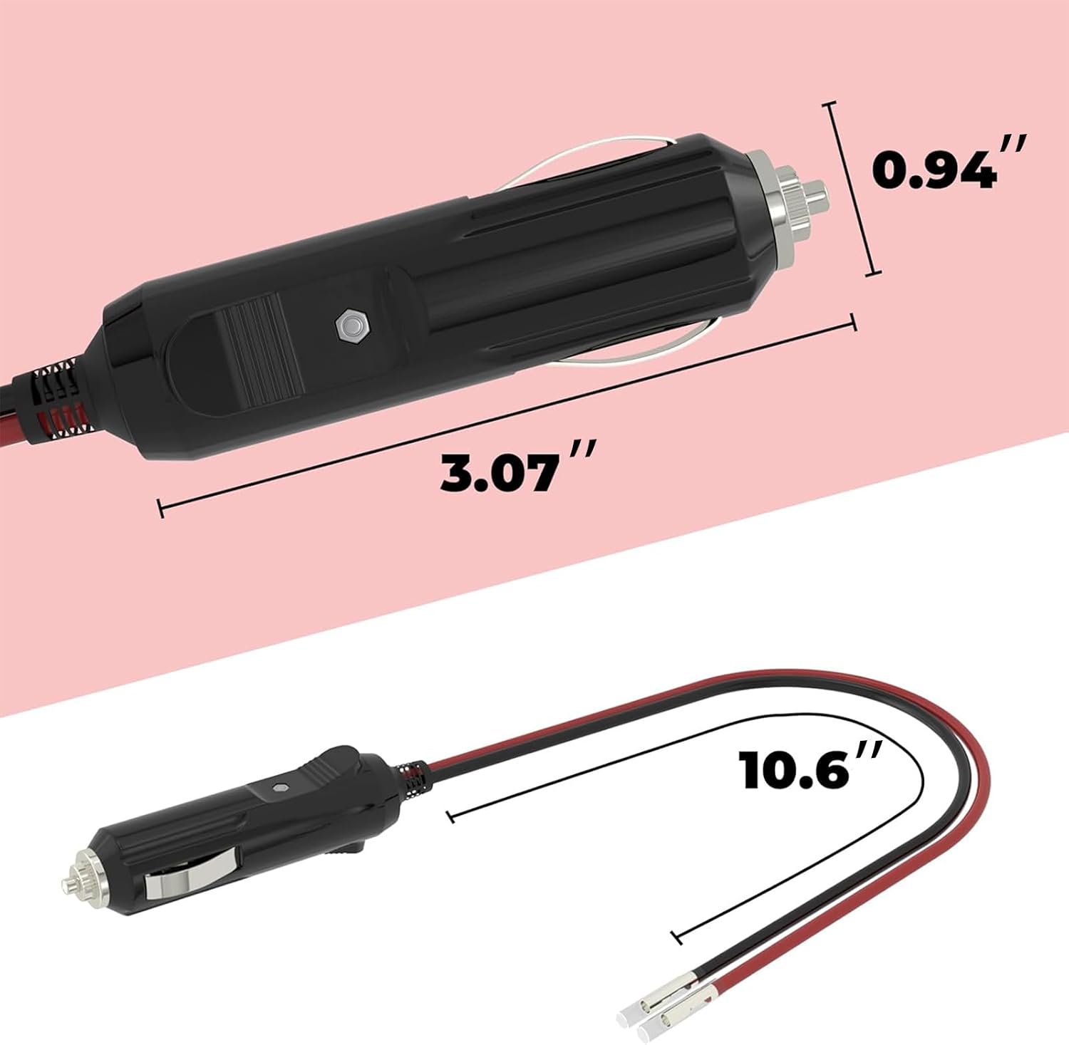 BFXM 12V Cigarette Lighter Plug with 1FT 16 AWG Wire, Automotive Replacement Cigarette Lighter Male Plug Adapter with LED Light, Cigarette Lighter Adapter with Fused Replacement (2 Pack)