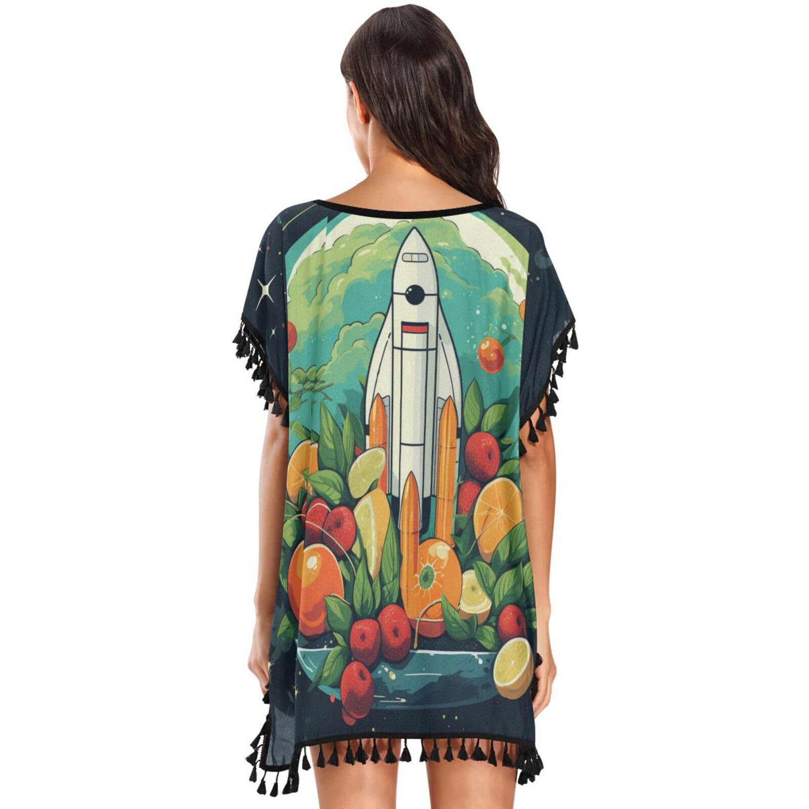 Green Fruit Rocket Earth Women's Beach Cover Up Chiffon Tassel Swimwear Swimsuit Coverups for Girl
