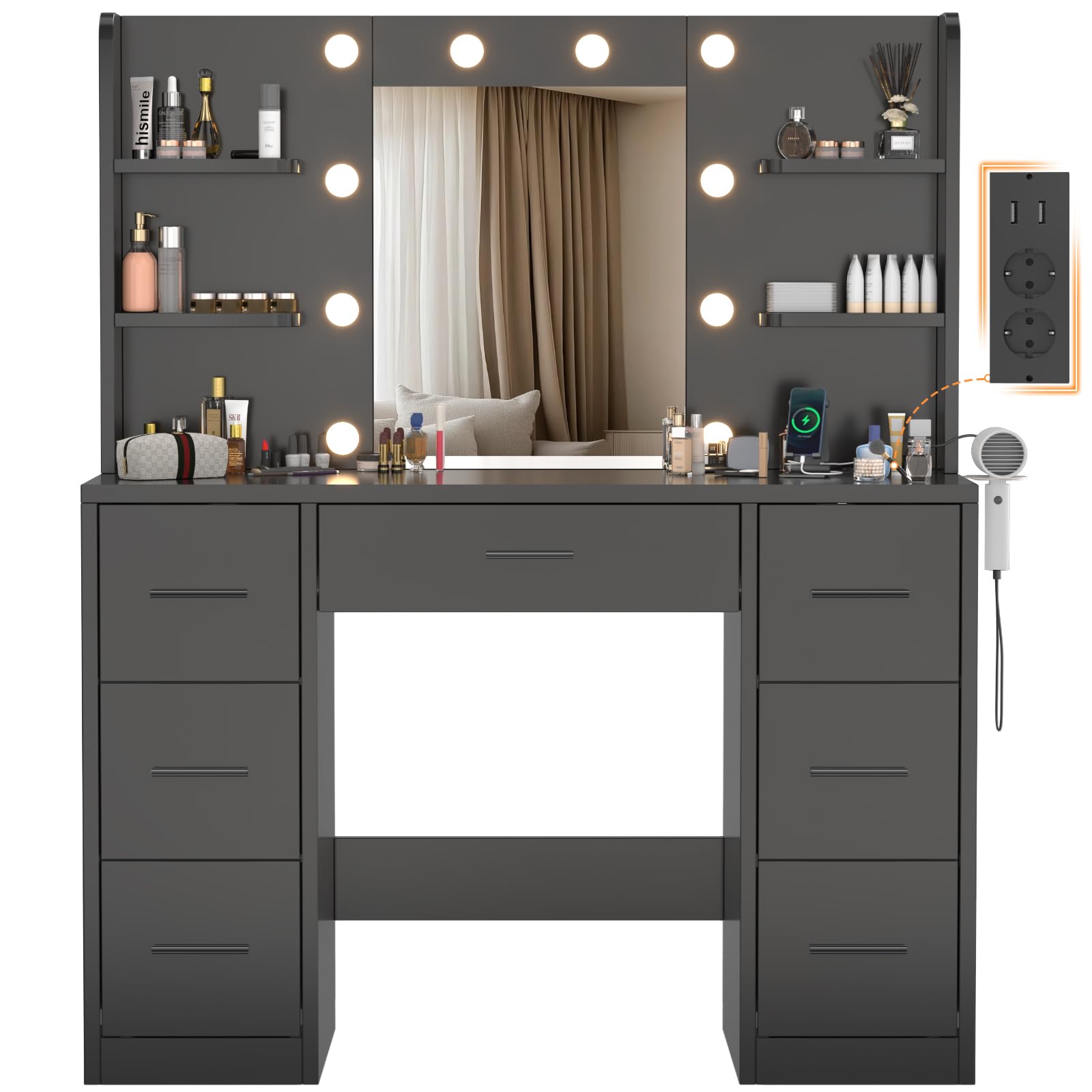 Toeletta Trucco Con Luci LED Devoko - 3 Colori, Luminosit&agrave; Regolabile, 2 Cassetti, Bianco