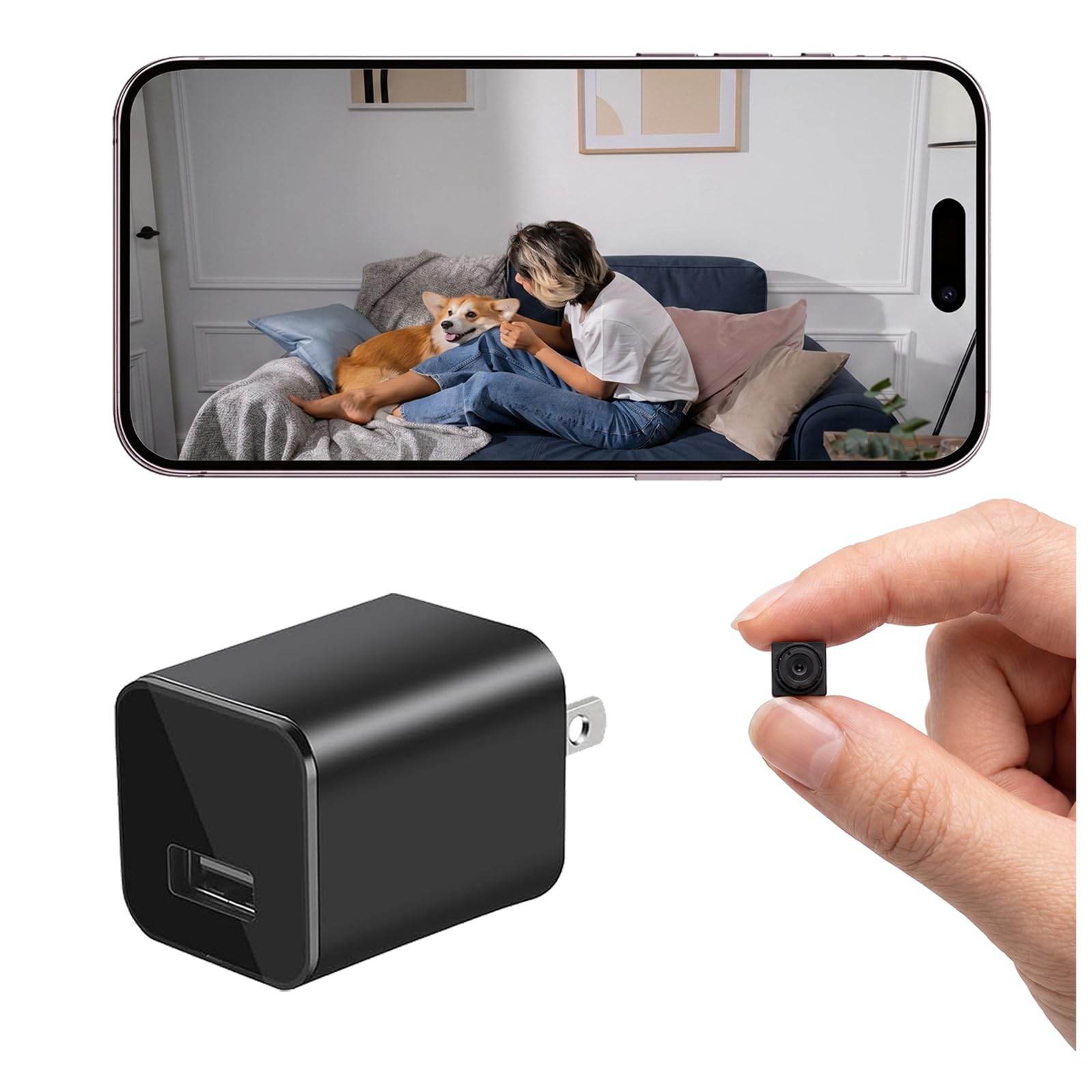 Caméra cachée avec chargeur USB, WiFi, petite caméra de sécurité espion, Full HD 1080p, mini caméra de nounou sans fil, détection de mouvement avec application en direct pour la maison