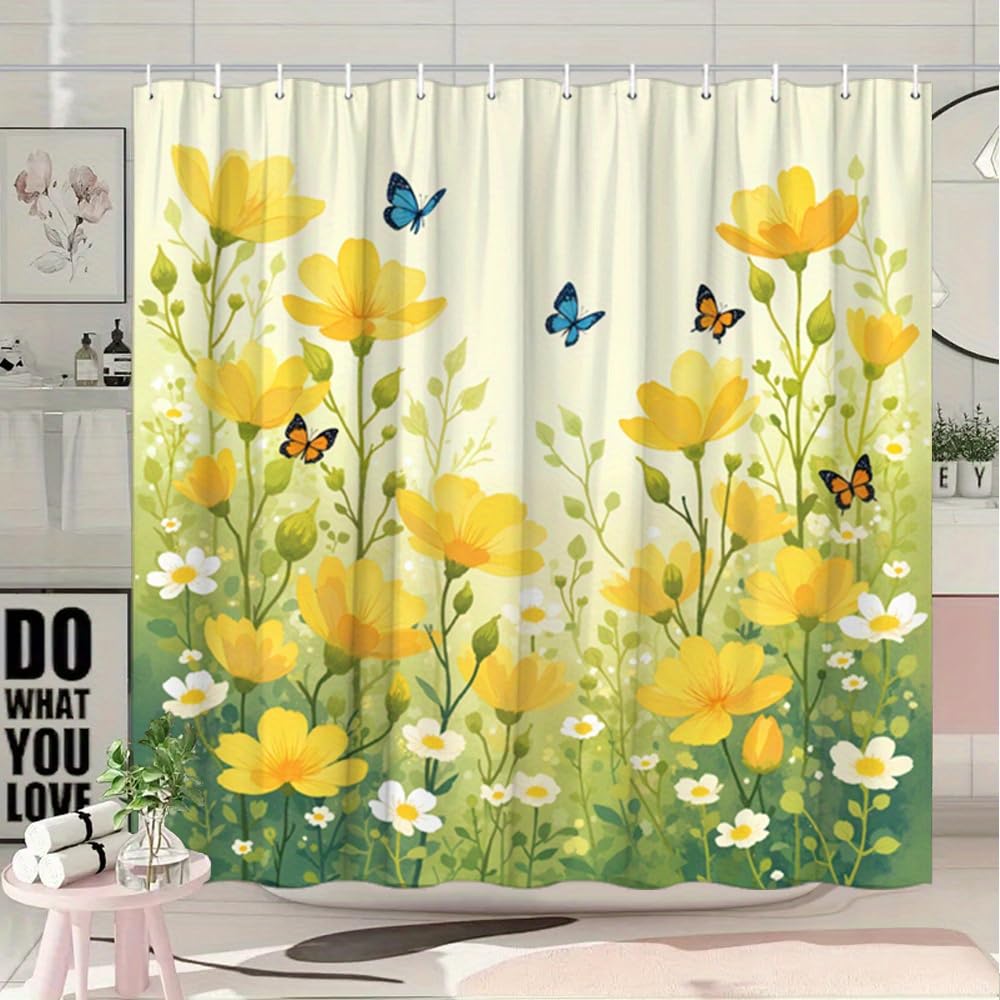 Duschvorhang mit gelben Blumen, weißen Blüten und Schmetterlingen, wasserdichter Duschvorhang für Badezimmer mit Haken (260 x 160 cm/B x H)