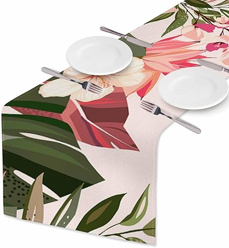 HOSNYE Camino de mesa con flores y hojas exóticas, camino de mesa de lino y algodón para decoración de cocina, mesa familiar, mesa de comedor,