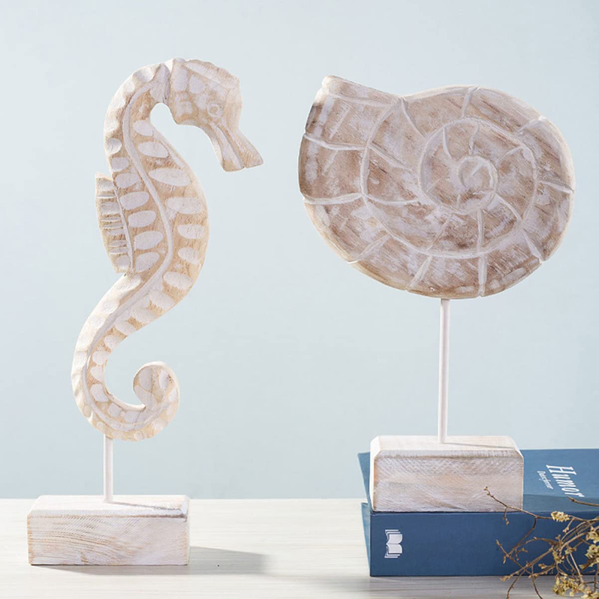 PRETYZOOM Decoración Náutica Mediterránea de Madera, 3 Piezas Figura de Mar, Caballito de Mar y Caracola para Mesa y Dormitorio