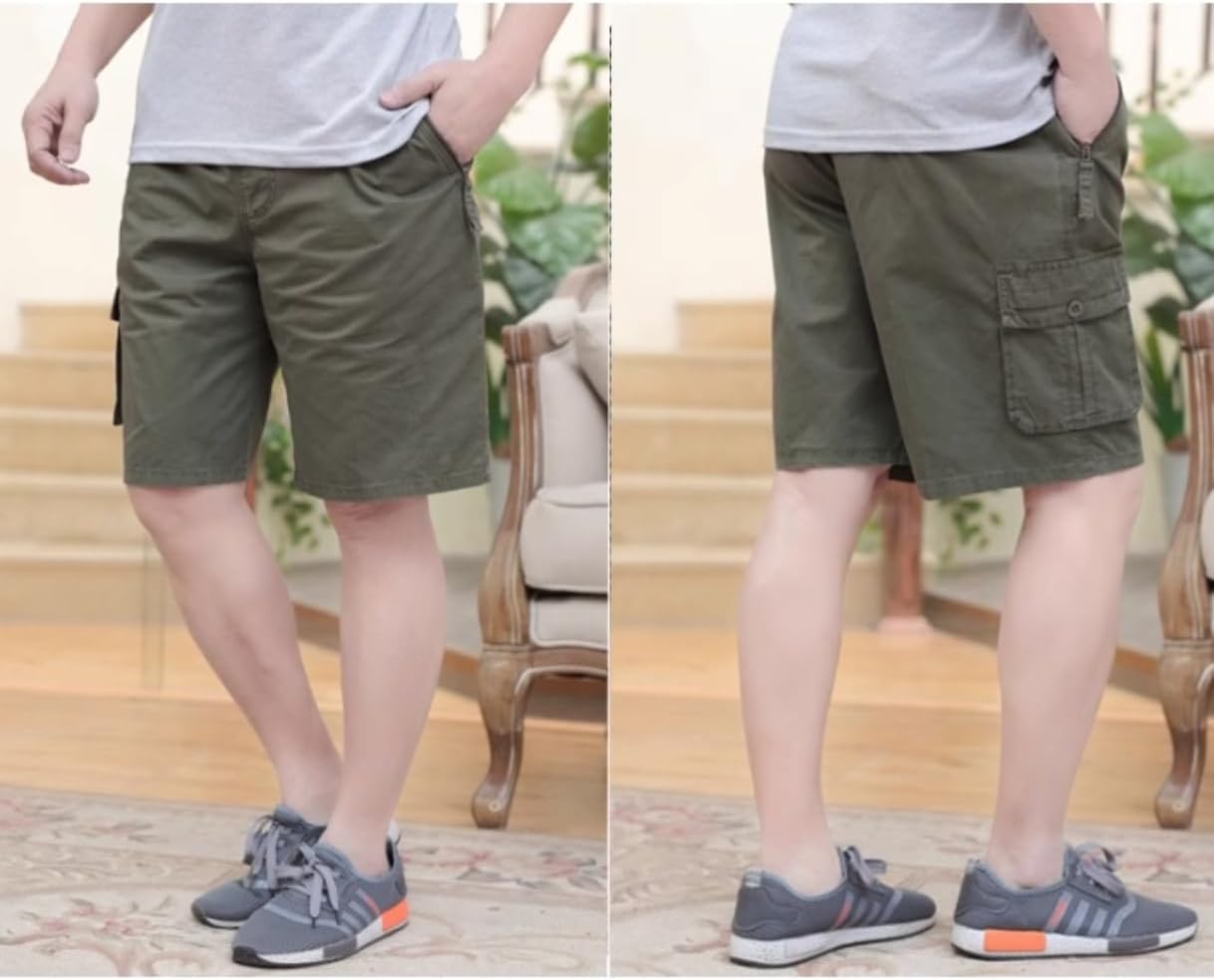 Men's Casual Twill Cargo Shorts Zip Fly Cotton Elastic Waist Loose Fit Drawstring Short