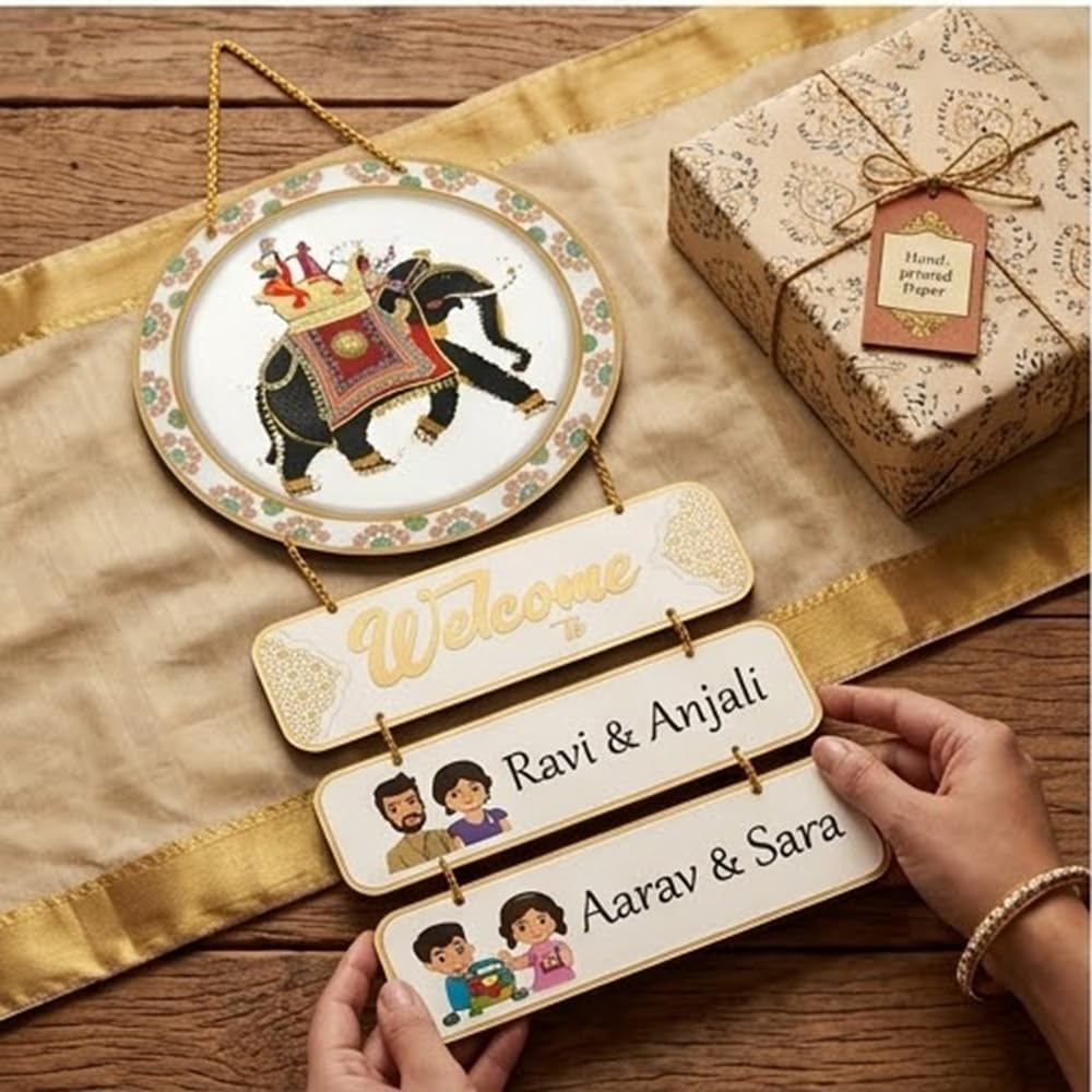 Kamla Art And Crafts Personalized Wooden Welcome Hanging Name Plate, Multicolor, Elephant Design, Antique Style, Custom Family Name Board, Home Decor Gift-picture-26