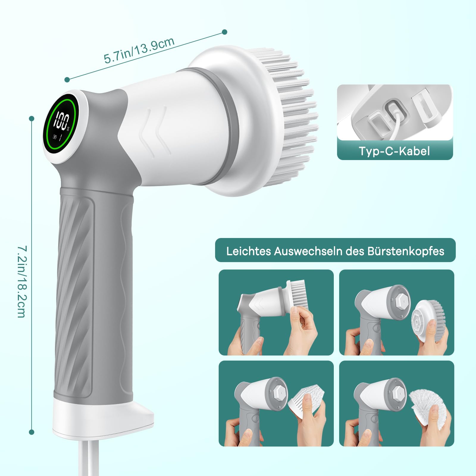 Elektrische Reinigungsbürste, Reinigungsgerät für Haushalt, Kabellos Power Spin Scrubber mit 7 Bürstenköpfen, 2 Speed Integrierte übertragung, Cleaning Brush für Fliesen, Duschen