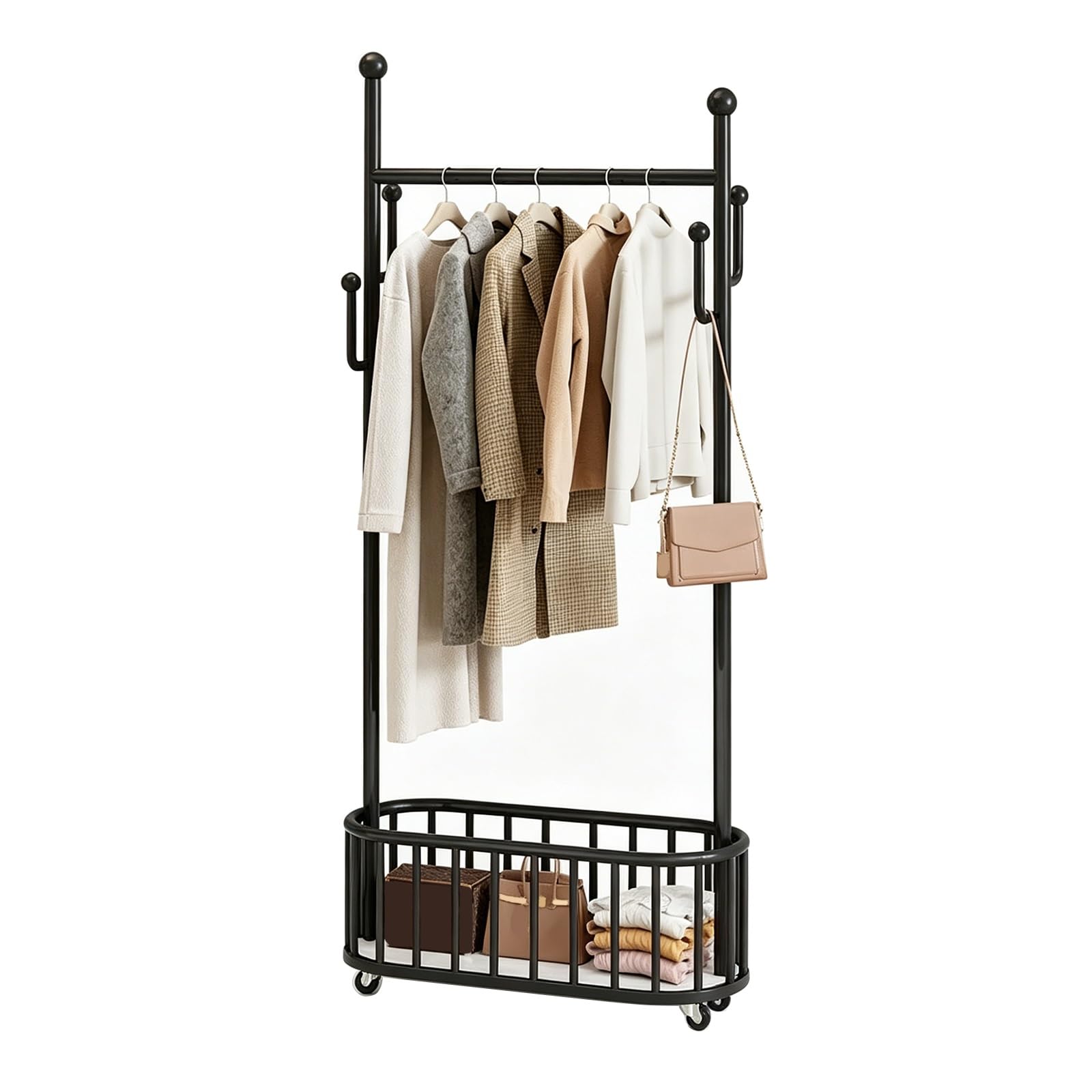 lyxamjrzyp Rolling Clothes Rack with Wheels, Portable Metal Clothing Rack, Closet Organizer Storage Racks with Basket for Bedroom Entryway Dorm(Black,23.6in/60cm)