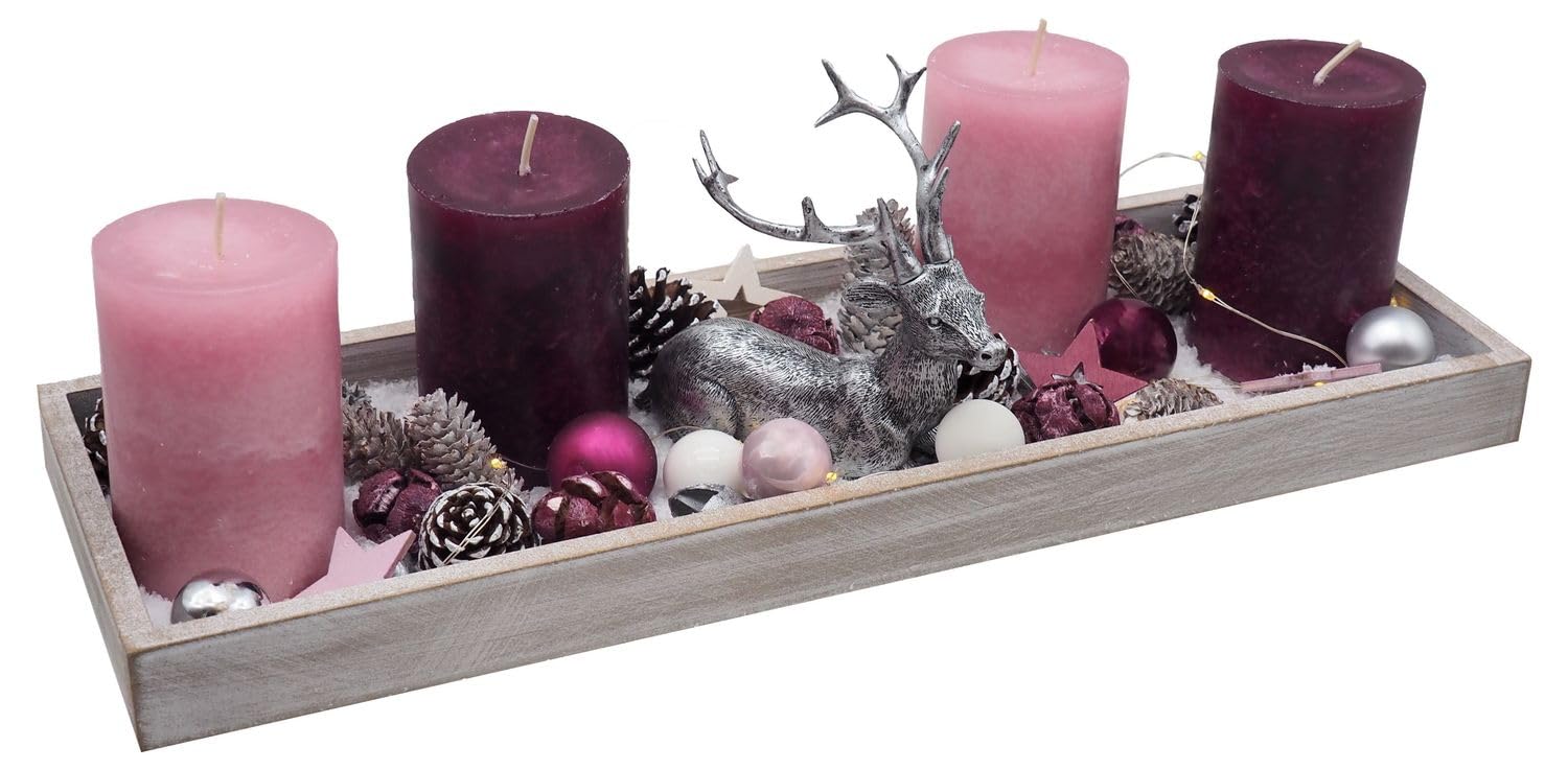 ZauberDeko LED Adventsgesteck Weihnachtsdeko Tablett Holz Hirsch Silber Rosa Beere Lichterkette 40cm