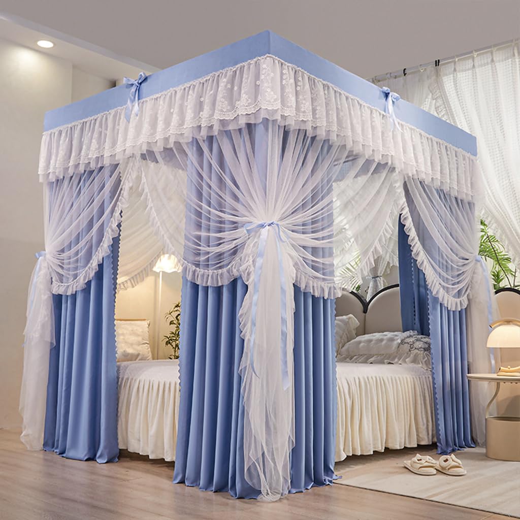 SCMTYWCQ 4 Corners Post Solid Color Bed Canopy Curtain Double Layer-Curtain & Ruffle Princess Mosquito Net 4 Opening Netting for Girls Teens Or Adults