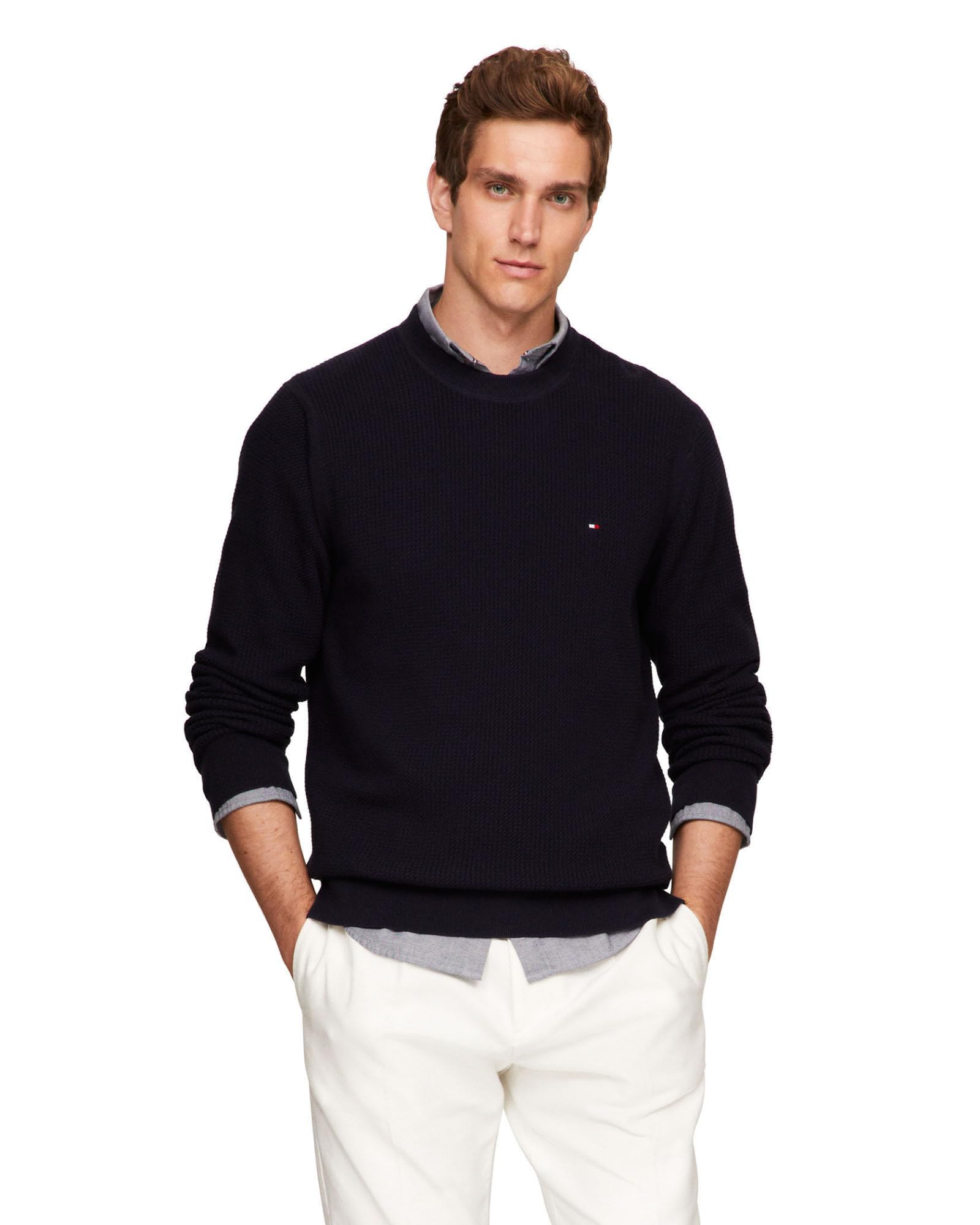 Tommy Hilfiger Men's Waffle Knit Crewneck Sweater Lightweight Pullover, Also Available in Big & Tall, Desert Sky, XL
